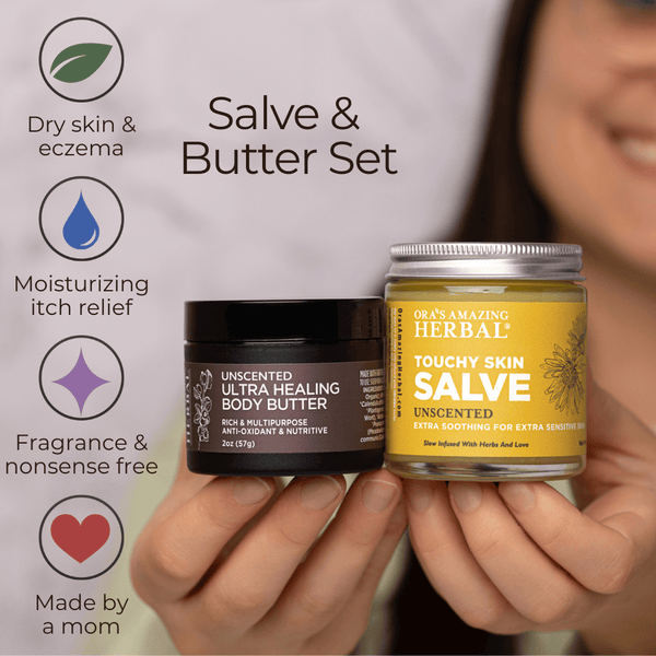 Salve and Butter Eczema Care Set Lifestyle Indoor Human Hands Benefits Infographic