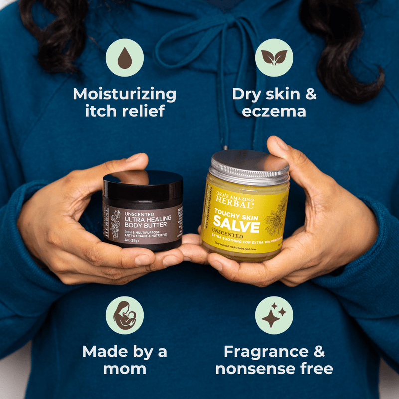 Salve and Butter Eczema Care Set Lifestyle Indoor Human Hands Benefits Infographic