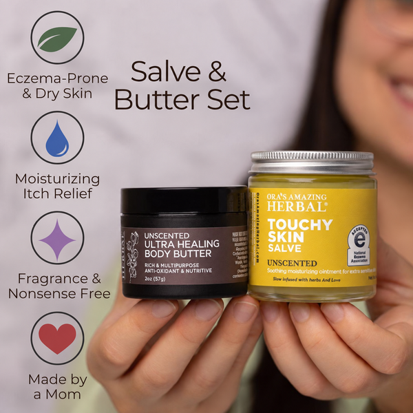 Amazing Herbal body butter and skin salve set against a soft light background with feature icons and text on the left.