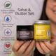 Amazing Herbal body butter and skin salve set against a soft light background with feature icons and text on the left.