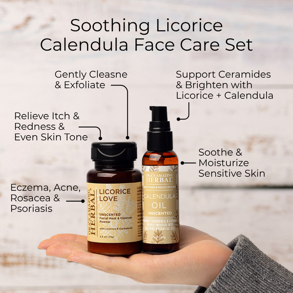 Soothing Licorice Calendula Face Care Set with products held in a hand on a light indoor background with benefits infographic.
