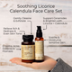 Soothing Licorice Calendula Face Care Set with products held in a hand on a light indoor background with benefits infographic.