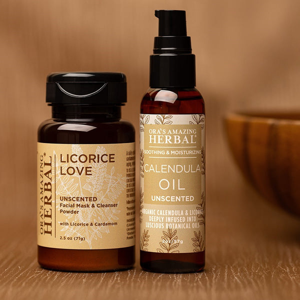 Soothing Licorice Calendula Face Care Ser Lifestyle Wooden Table Brown Background