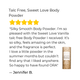 Product review for Sweet Love Vanilla talc-free body powder with a five-star rating and customer testimonial.