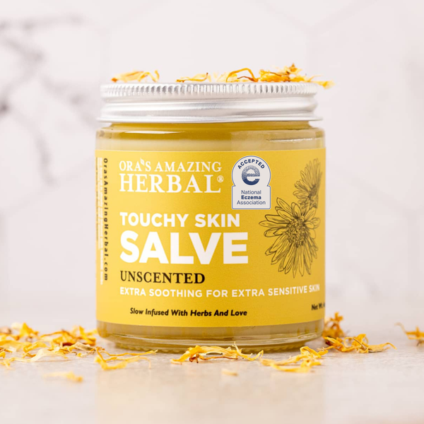 Touchy Skin Salve 4oz Lifestyle Indoor Herbs with NEA Logo