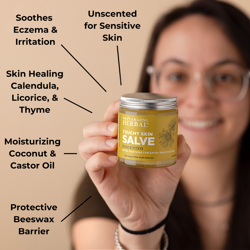 Touchy Skin Salve 4oz Lifestyle Indoor Sabrina Benefits Infographic