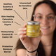 Touchy Skin Salve 4oz Lifestyle Indoor Sabrina Benefits Infographic