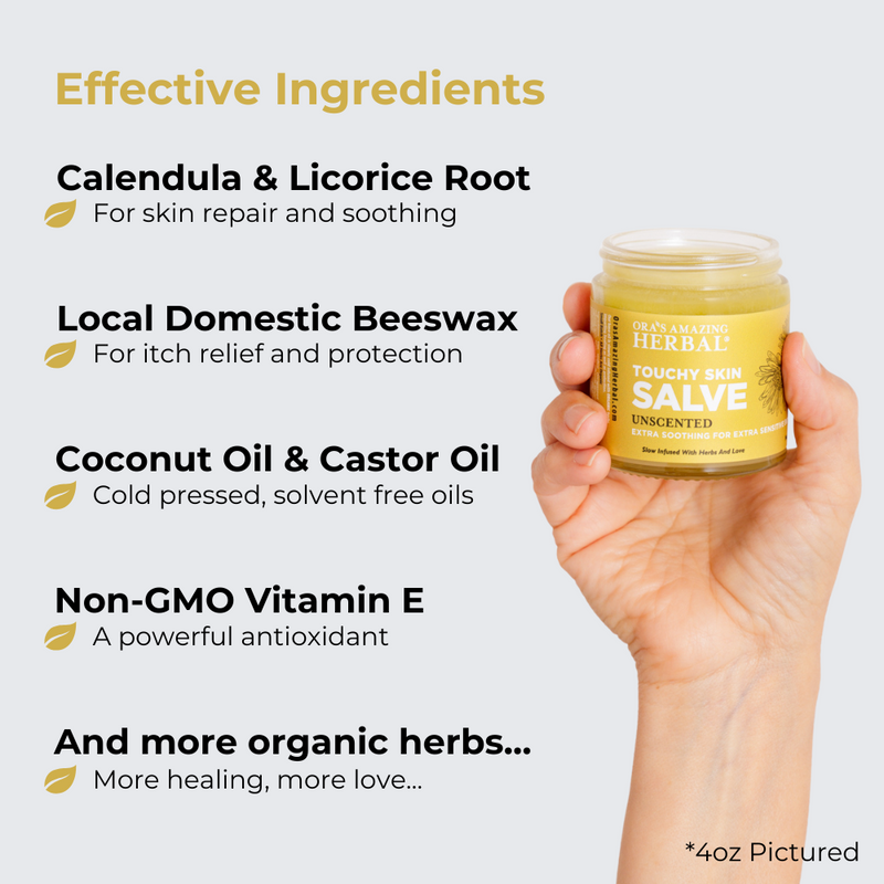 Touchy Skin Salve Eczema Cream 4oz Lifestyle Indoor Infographic Effective Ingredients