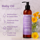 Unscented Baby Oil 7.05oz Benefits Infographic, Surrounded by Yellow Flowers on a Light Background.