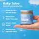 Unscented Baby Salve 4oz held in a hand with product details on a blue background