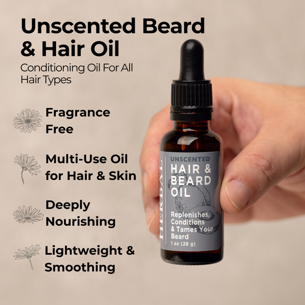 Unscented Beard And Hair Oil 1oz Lifestyle Indoor Benefits Infographics Hand Holding A Bottle
