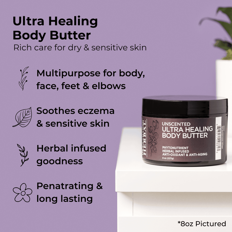 Unscented Body Butter 8oz Lifestyle Indoor Benefits Infographic