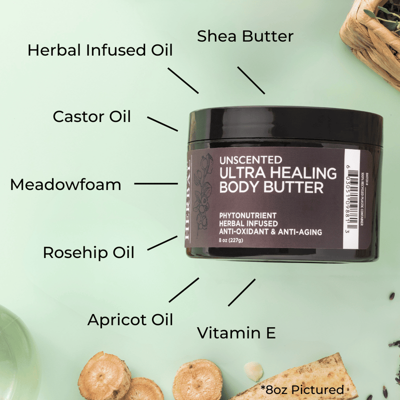 Unscented Body Butter 8oz Lifestyle Indoor Flatlay Ingredients Infographic
