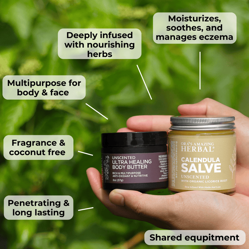 Unscented Body Butter and Calendula Salve with Box Lifestyle Outdoor Human Hand Benefits Infographic