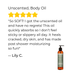 Body oil bottle with five-star rating and customer review on a white background
