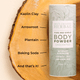 Unscented Body Powder 2.5oz Lifestyle Indoor Infographic Ingredients