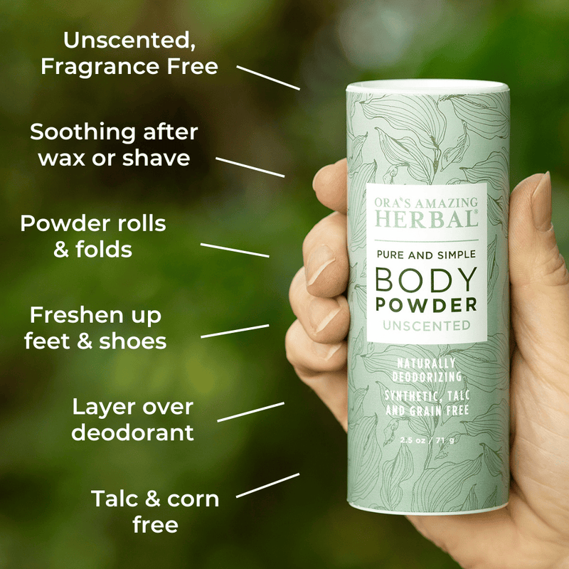 Unscented Body Powder 2.5oz Lifestyle Outdoor Infographic Benefits