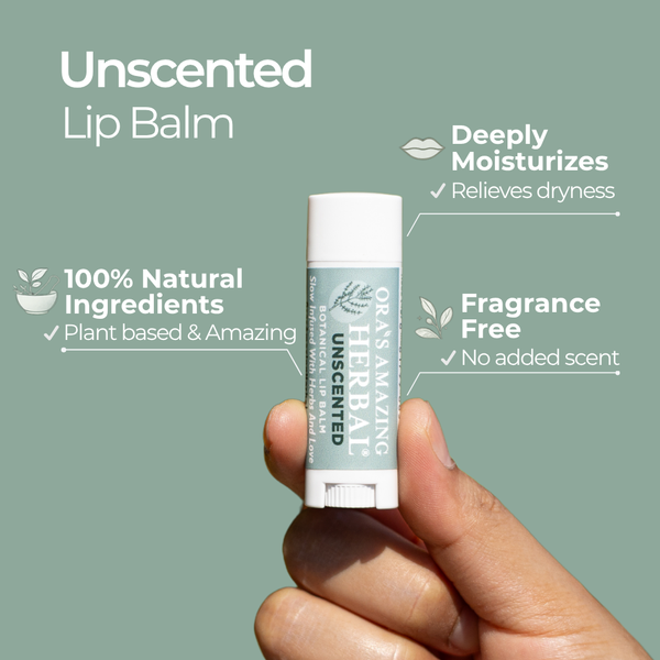 Unscented lip balm held in a hand with product details on a green background