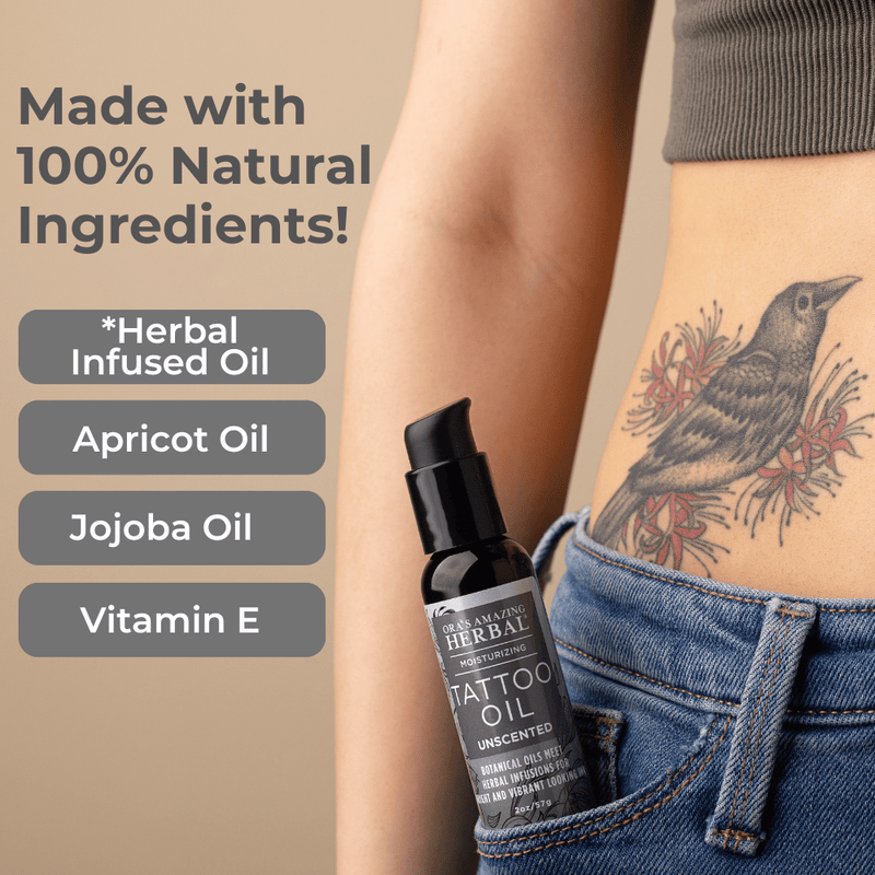 Unscented Tattoo Oil 2oz Lifestyle Indoor in Pocket Ingredients Infographic