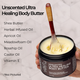 Unscented Ultra Healing Body Butter with spoonful of product and list of ingredients on a neutral background