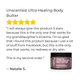 A product review graphic for Unscented Ultra Healing Body Butter, featuring a five-star rating, a customer testimonial quote from Natalie S., and a small jar of the body butter on a white background.