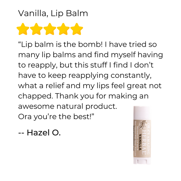 Vanilla Lip balm with a five-star rating and customer review on a white background
