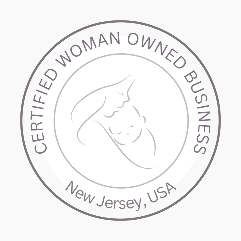 A circular gray seal with the words 'CERTIFIED WOMAN OWNED BUSINESS' around the border and 'New Jersey, USA' at the bottom, with a simple mother-and-child silhouette in the center.