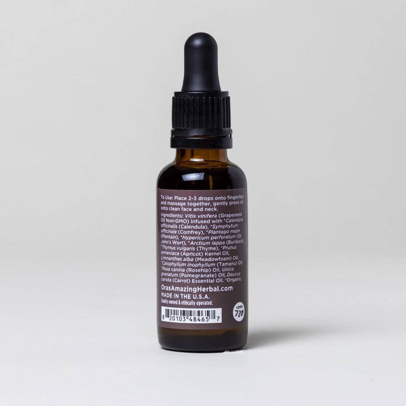 Advanced Nightly Skin Repair Face Oil Serum White Background with Shadows Ingredients Back Label 1oz Bottle