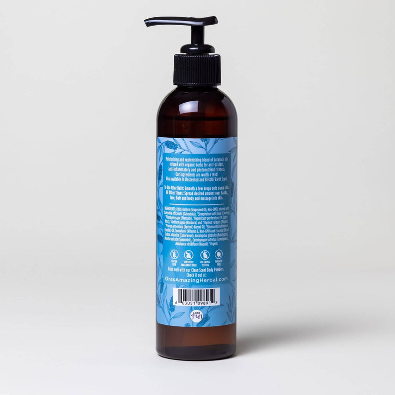 Clean After Shower Powder and Oil Set Clean Body Oil 7.5oz Bottle Back Label White Background with Shadows