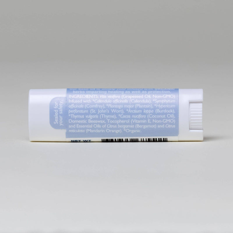 Earl Grey Lip Balm White Background with Shadows Ingredients Back Label