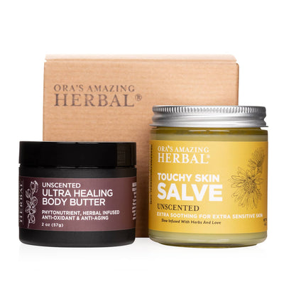 Eczema cream salve and body butter for eczema with a white background and a box
