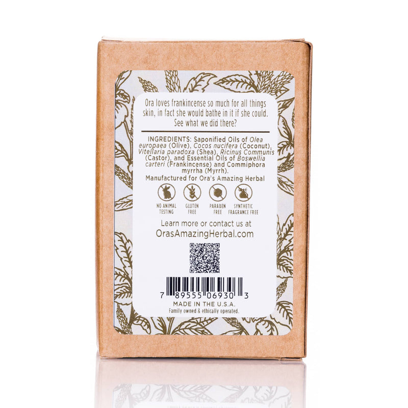 Frankincense and Myrrh Soap 4.5oz Bar Back Label Ingredients White Background