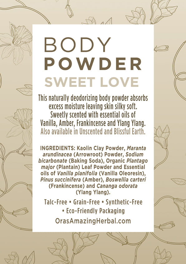 Natural Body Powder, Variety Set, Sweet Love Body Powder 2.5oz Label Back