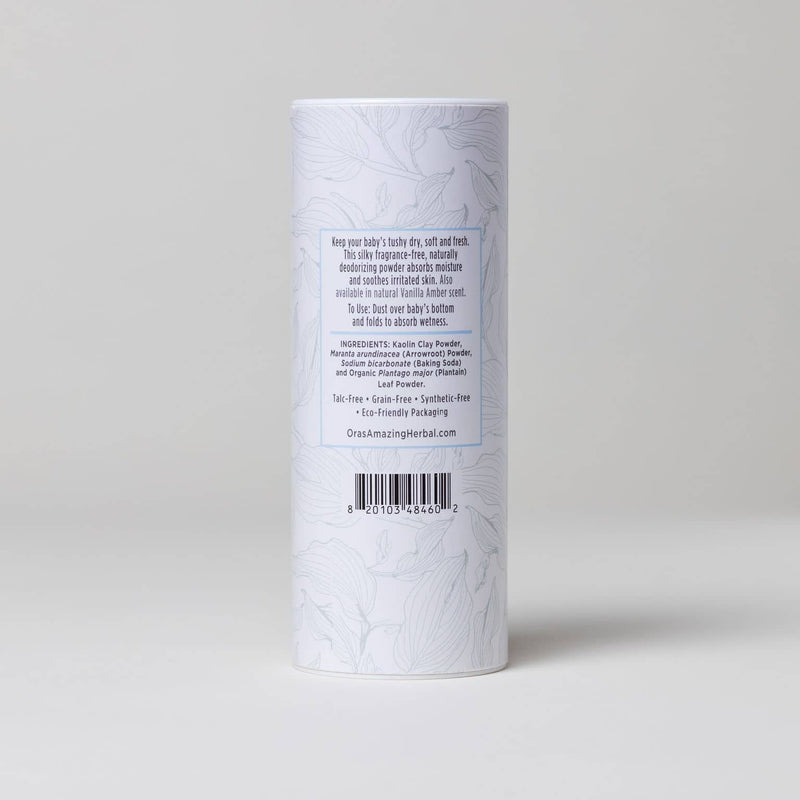 Unscented Baby Powder White Background with Shadows Ingredients Back Label 2.5oz