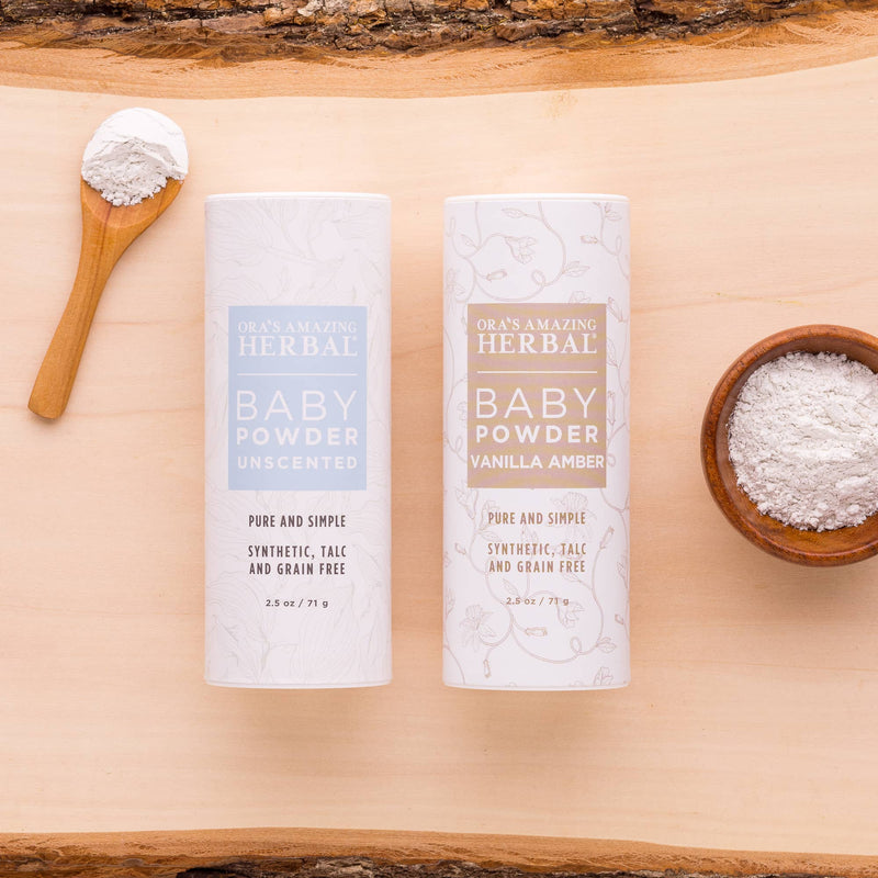 Vanilla Amber Baby Powder and Unscented Baby Powder Lifestyle Texture Indoor 2.5oz Tubes
