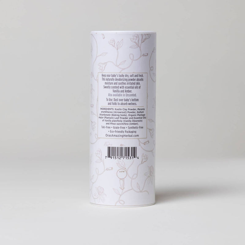 Vanilla Amber Baby Powder White Background with Shadows Ingredients Back Label 2.5oz